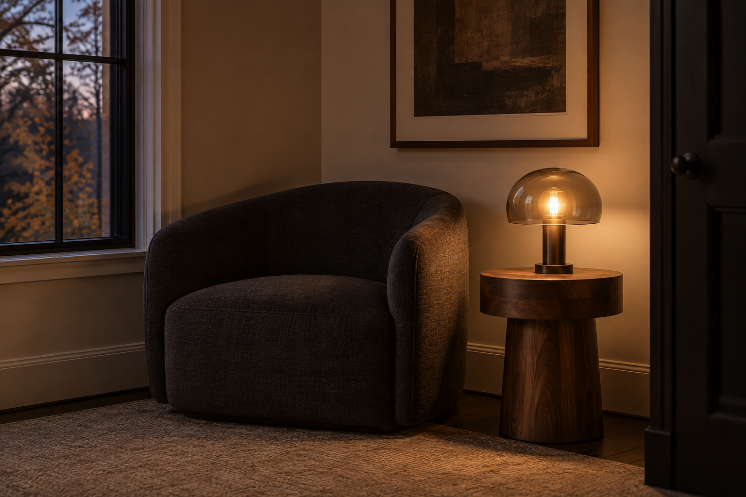 A reading nook with a sculptural table lamp lit beside a curved charcoal chair at dusk.