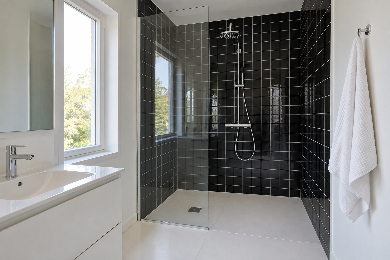 A shower with glossy black tile behind a single fixed glass panel, with an open walk-in entry beside it.