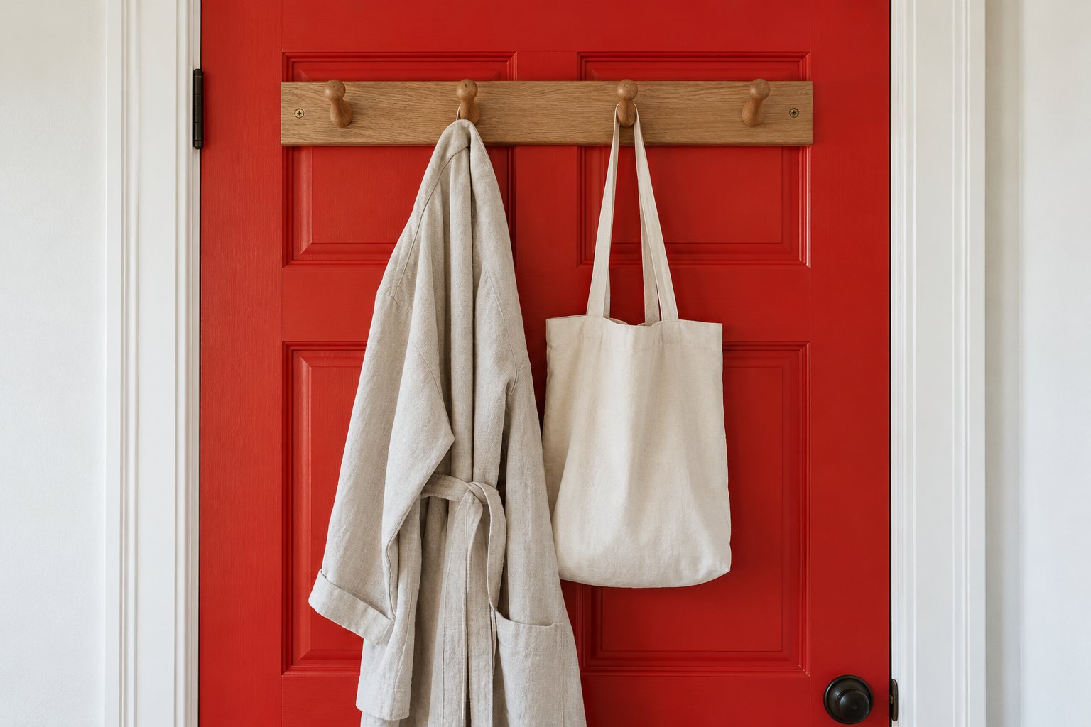 The back of a guest room door painted tomato red, with an oak peg rail holding a robe and a tote.