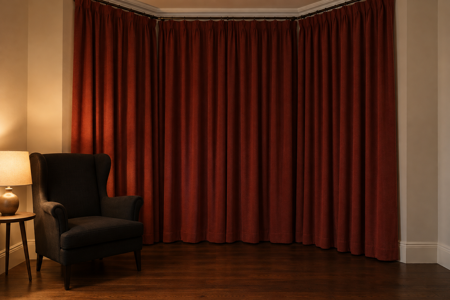 Brick-red lined wool curtains drawn closed across a bay window at dusk beside a black wing chair.