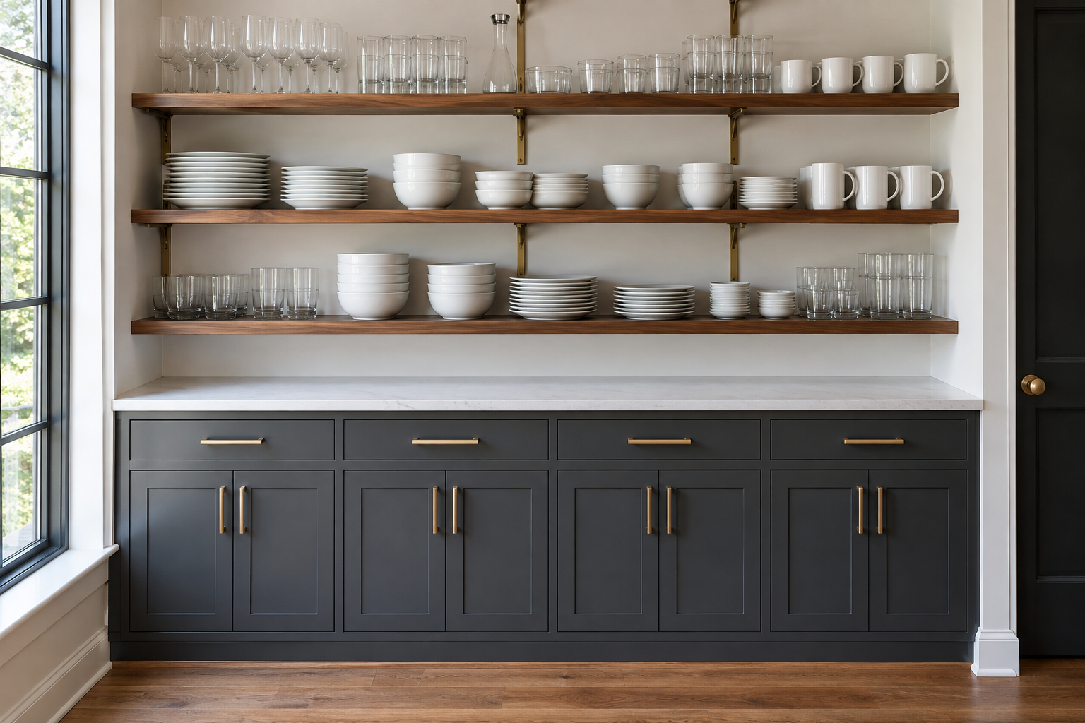 A kitchen wall combining walnut open shelving above graphite painted closed cabinetry.