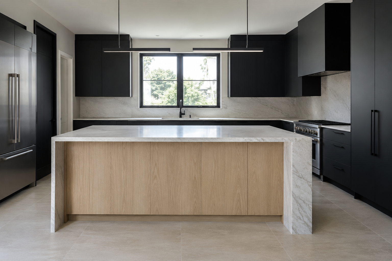 A modern kitchen island in white oak with a matte black-veined stone waterfall-edge countertop, shown straight-on.