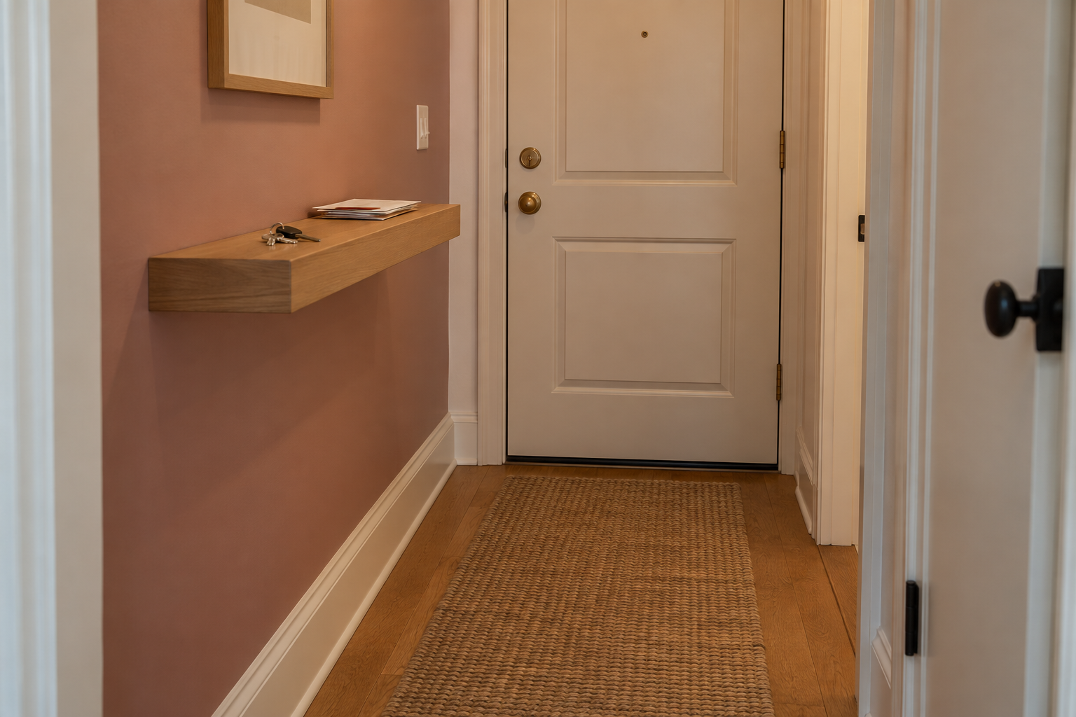 A narrow floating oak shelf holding keys and mail in a genuinely small apartment entry landing.