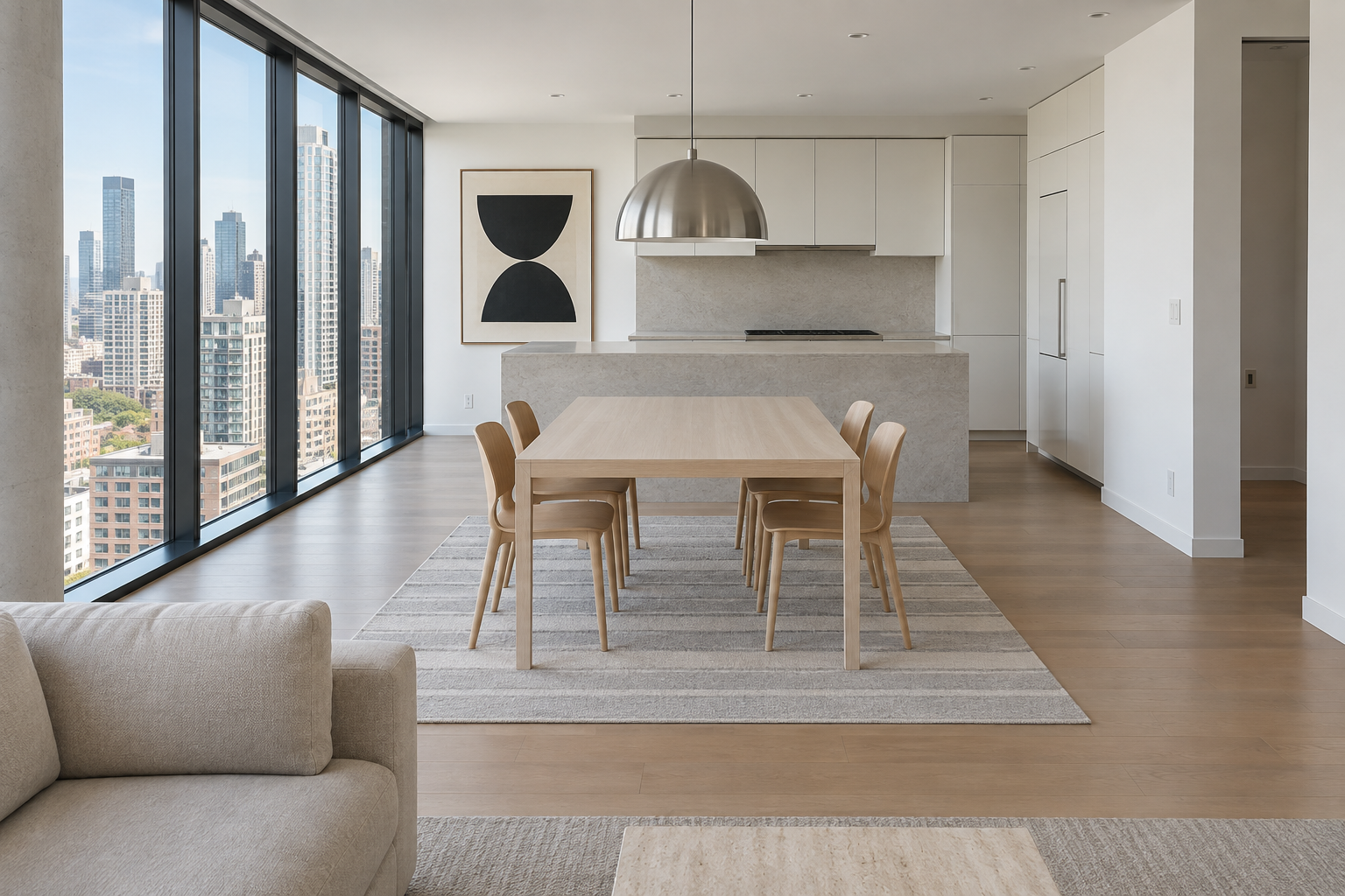 An open-plan apartment dining area with a striped rug, beech table, and stainless dome pendant aligned between the kitchen and the sofa.
