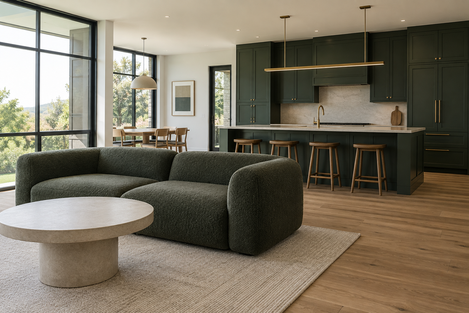 An open-plan living room with a sofa color that echoes deep green kitchen cabinetry visible behind it.