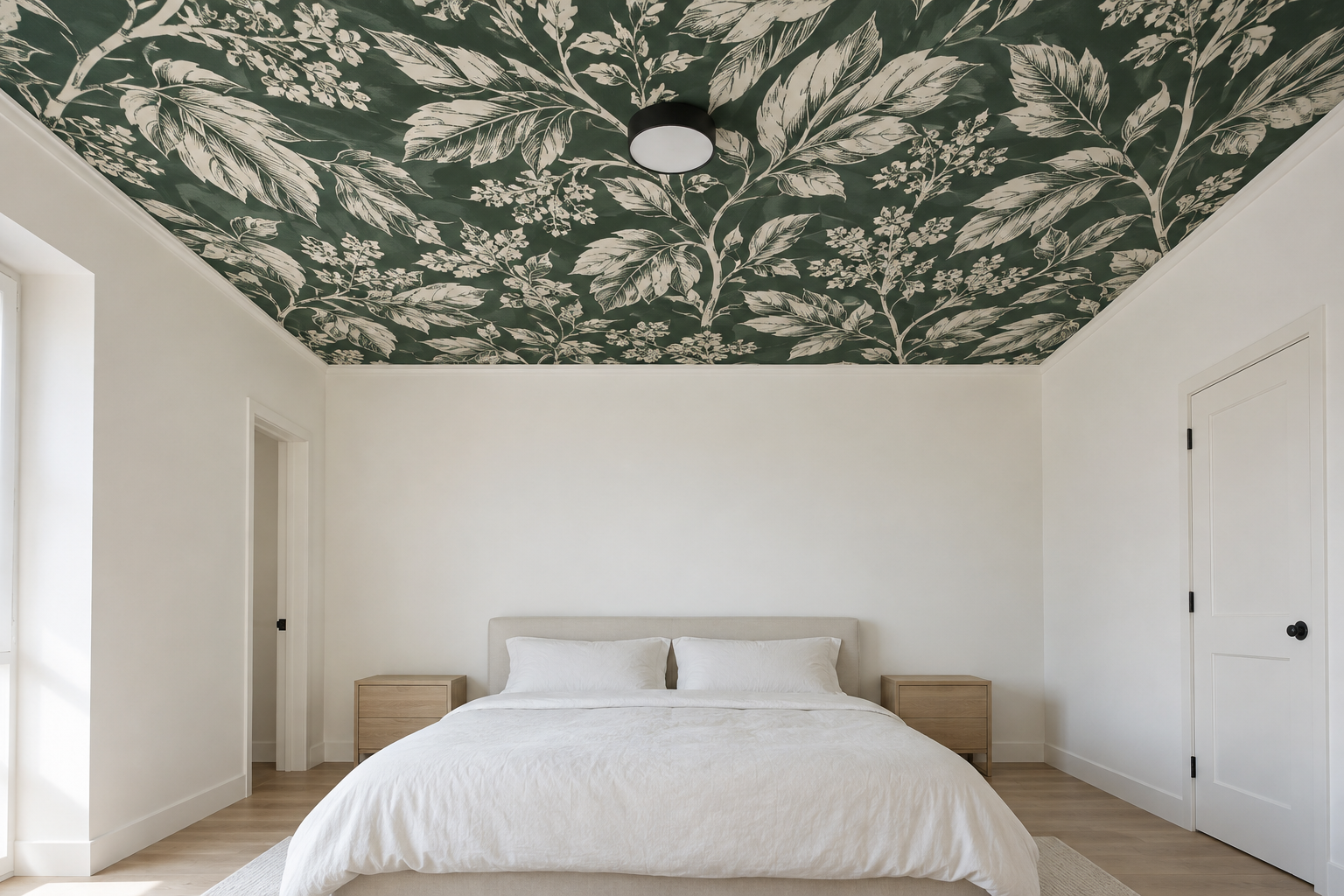A bedroom ceiling covered in a large-scale green and cream botanical wallpaper pattern, seen from the foot of a plain white platform bed, camera tilted upward.