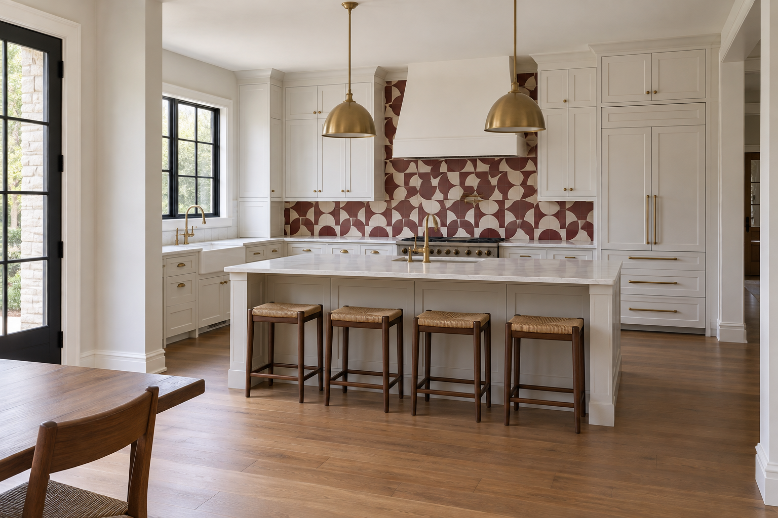 Burgundy and cream geometric pattern tile on a kitchen backsplash, legible from across an adjoining dining space.