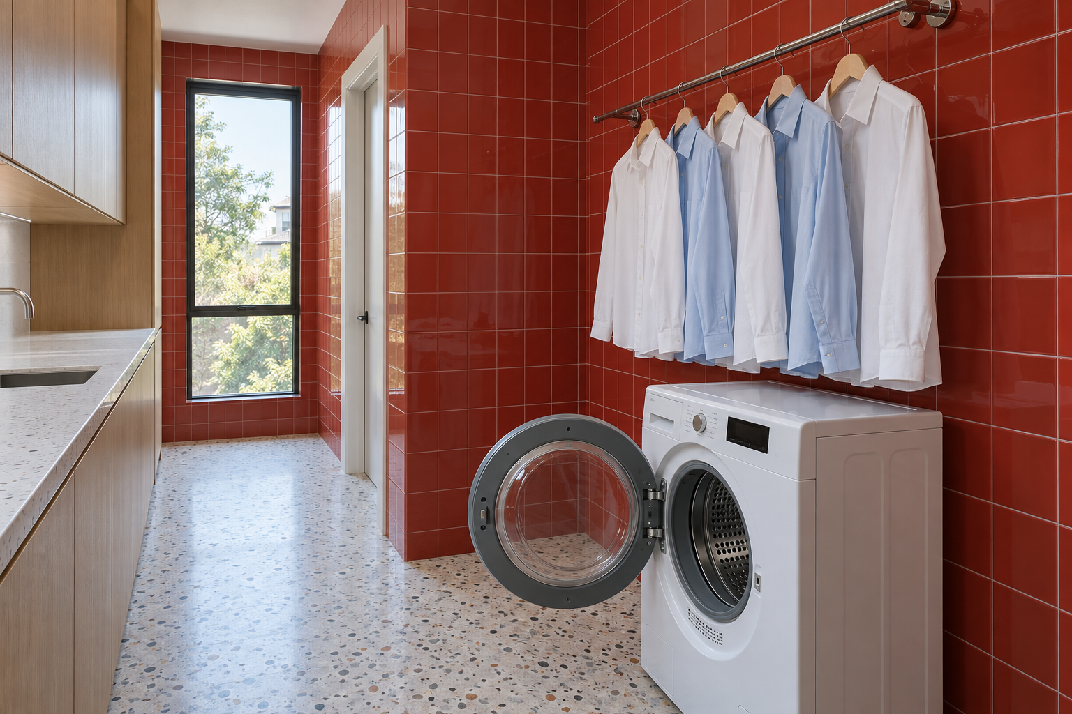 Shirts on wooden hangers on a chrome rod above an open front-loading machine in a narrow laundry with red tile.