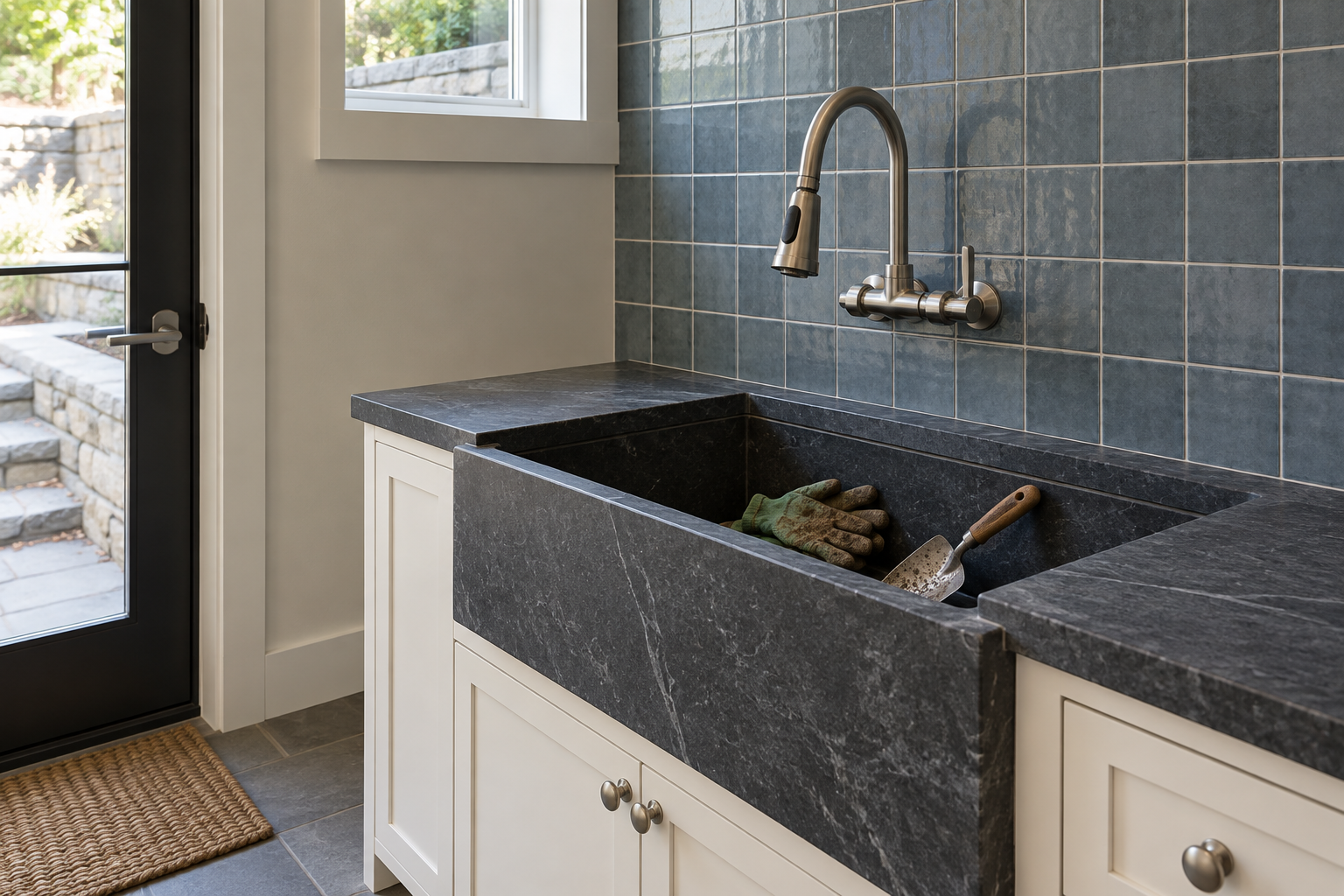 A deep soapstone sink with a tall faucet against blue-gray tile, holding a garden trowel and muddy gloves.