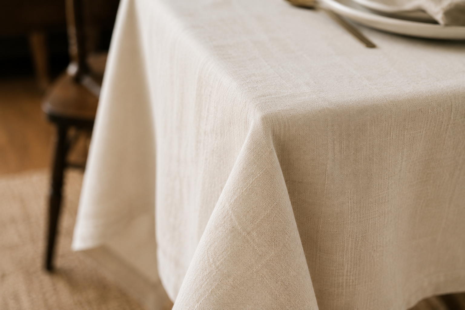 Close detail of a plain linen Thanksgiving tablecloth with no seasonal print