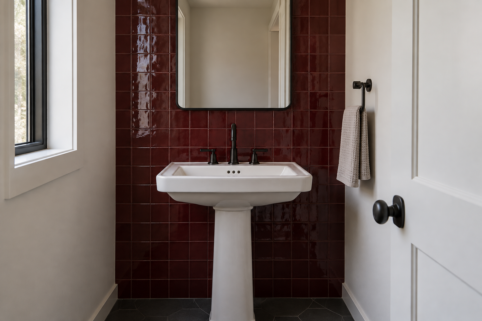 An oxblood glazed tile accent wall behind the sink in a genuinely small bathroom, plain pale walls elsewhere in the room.