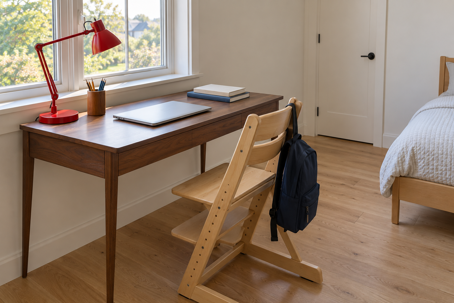 A walnut desk beside a window with a red task lamp and an adjustable wooden chair.
