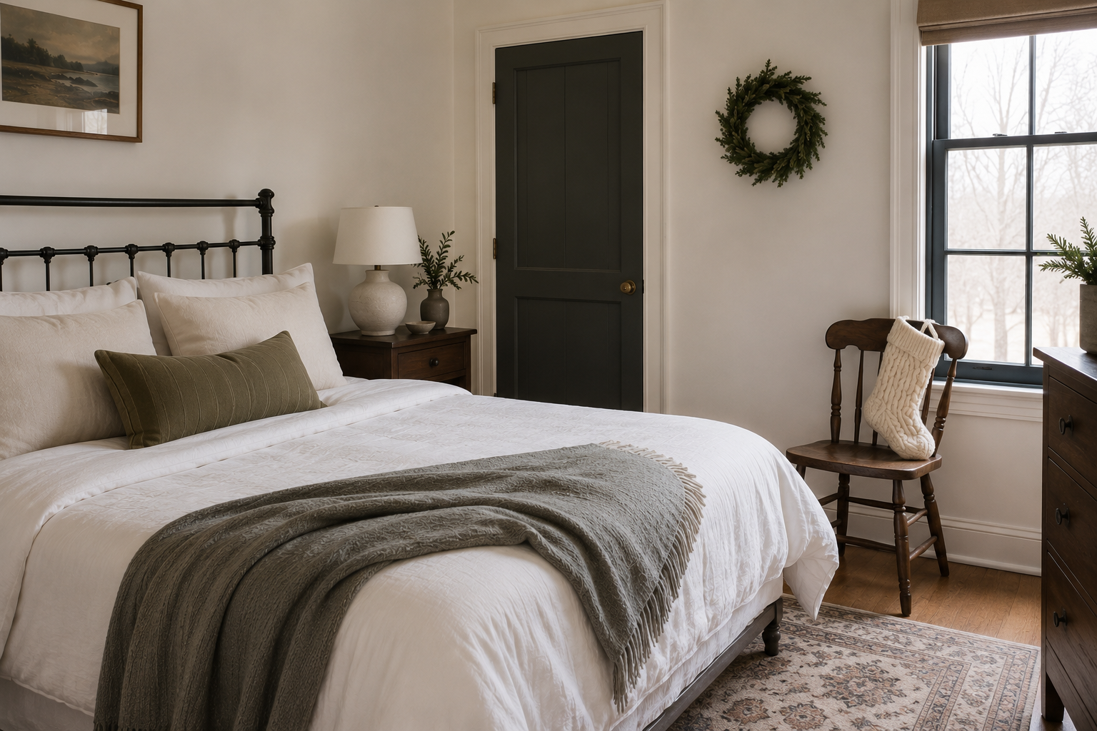 A guest bedroom with a small wreath on the wall and a stocking draped over a chair