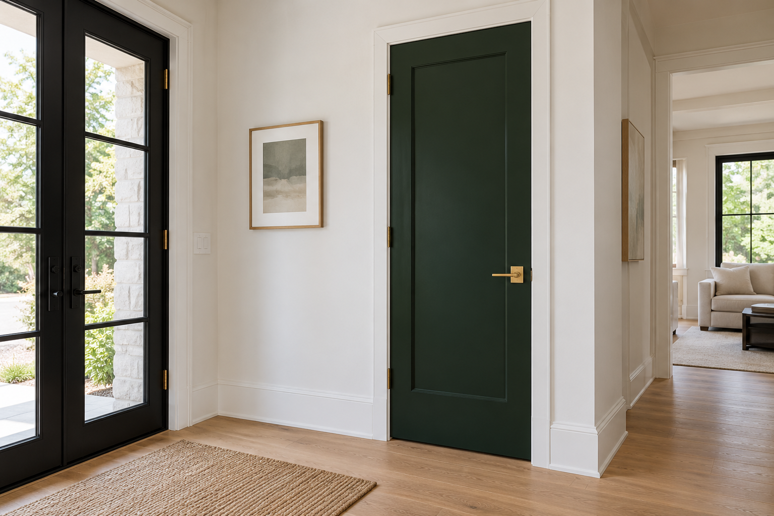 A coat closet door painted deep forest green with a brass lever handle in an otherwise white entryway.