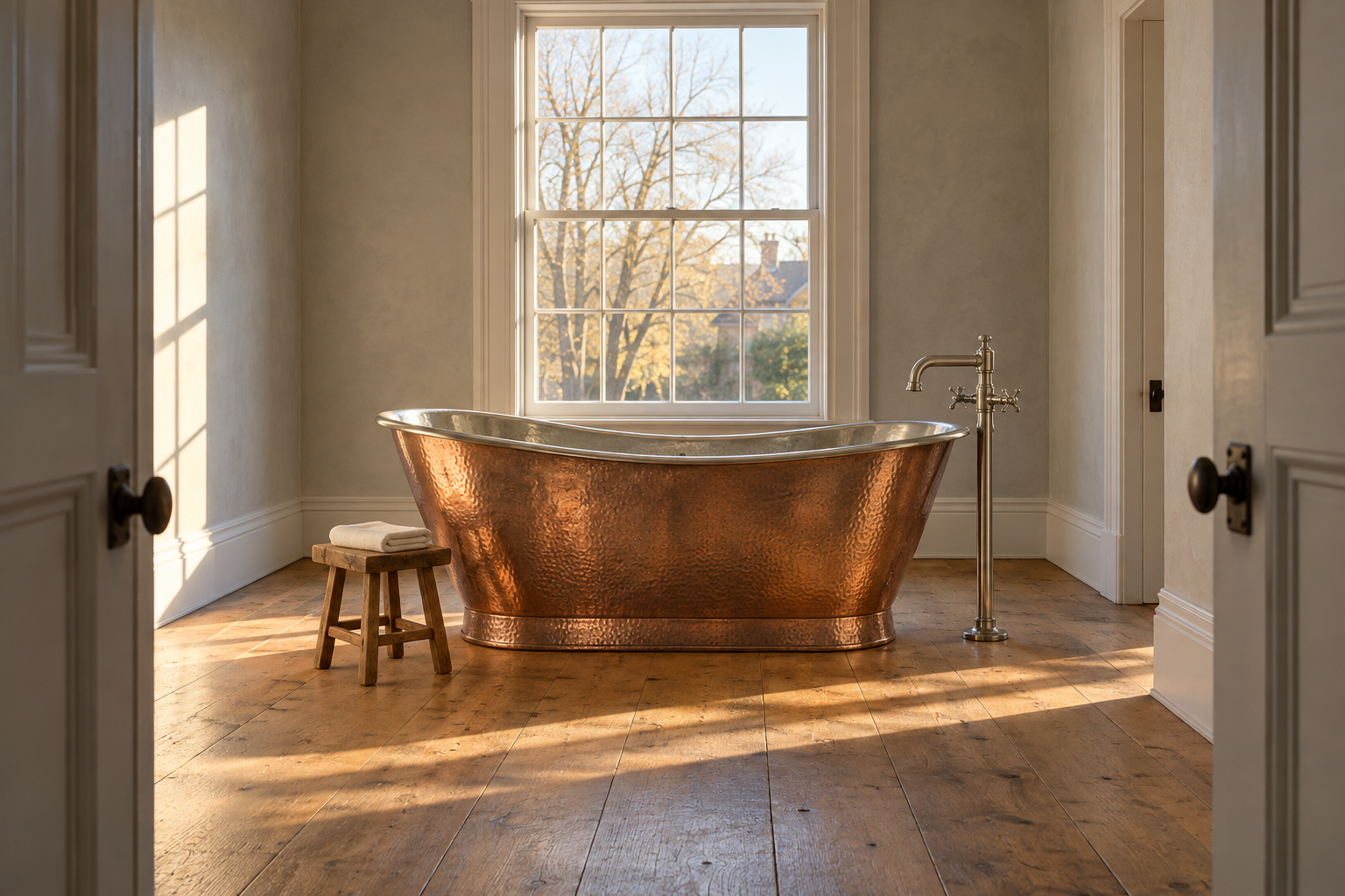 A hammered copper freestanding tub in the middle of a bathroom with open floor on every side and a floor-mounted faucet.