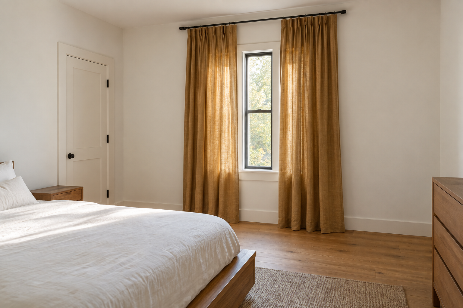 A bedroom window with a noticeably narrow frame, curtains hung on a rod mounted near the ceiling and extended well past the window's actual width, warm ochre linen panels reaching the floor.