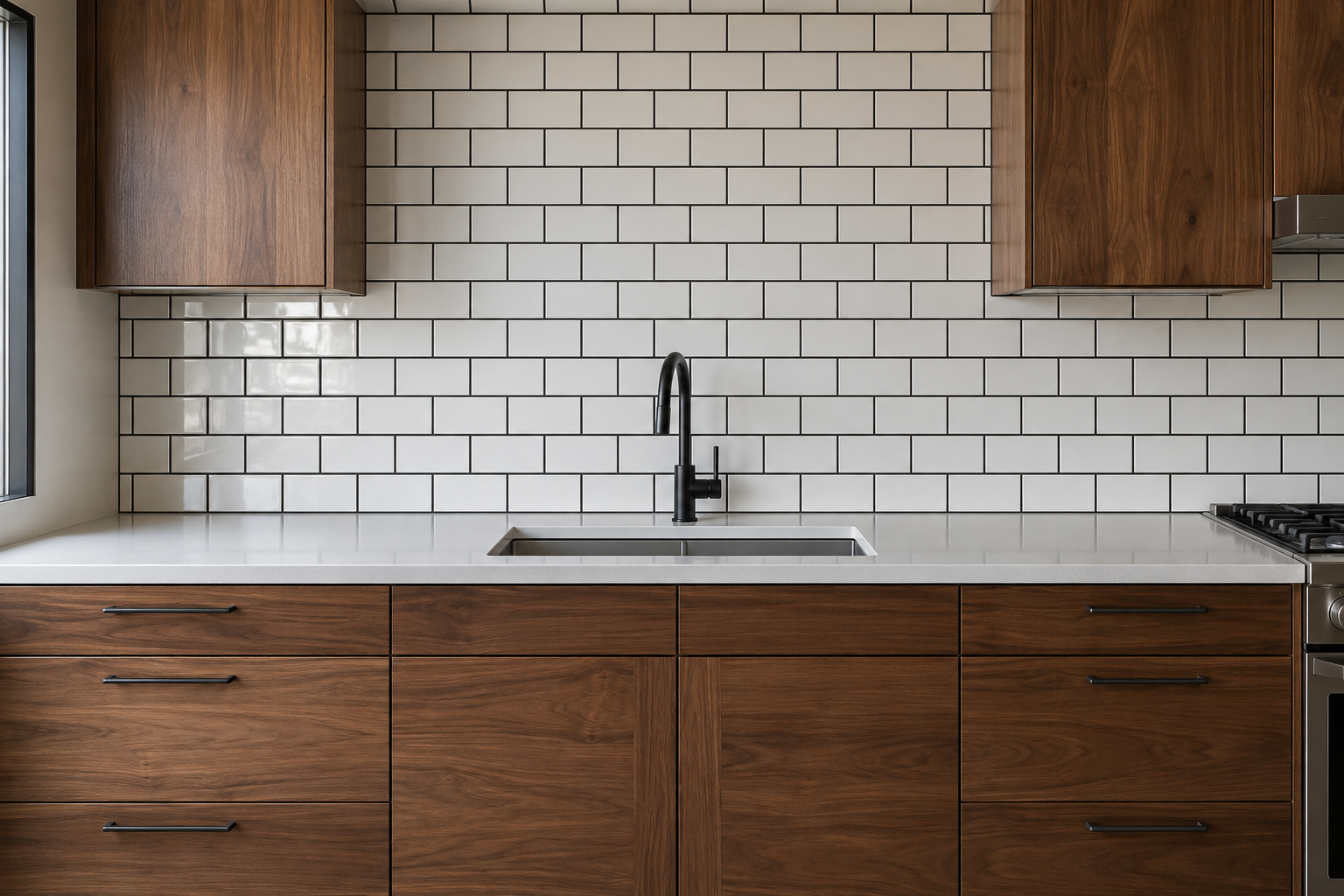 Dove-white subway tile with charcoal grout, the grid pattern itself reading as the backsplash's visual statement.