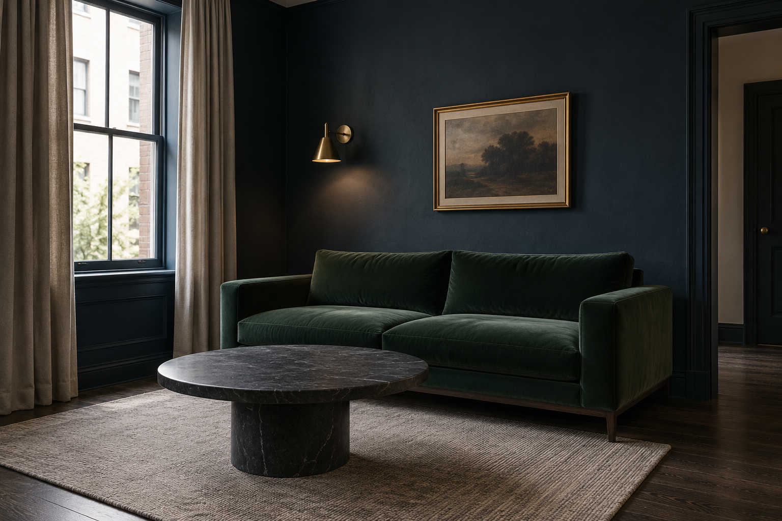 A living room with deep ink-blue walls and a bottle-green velvet sofa.