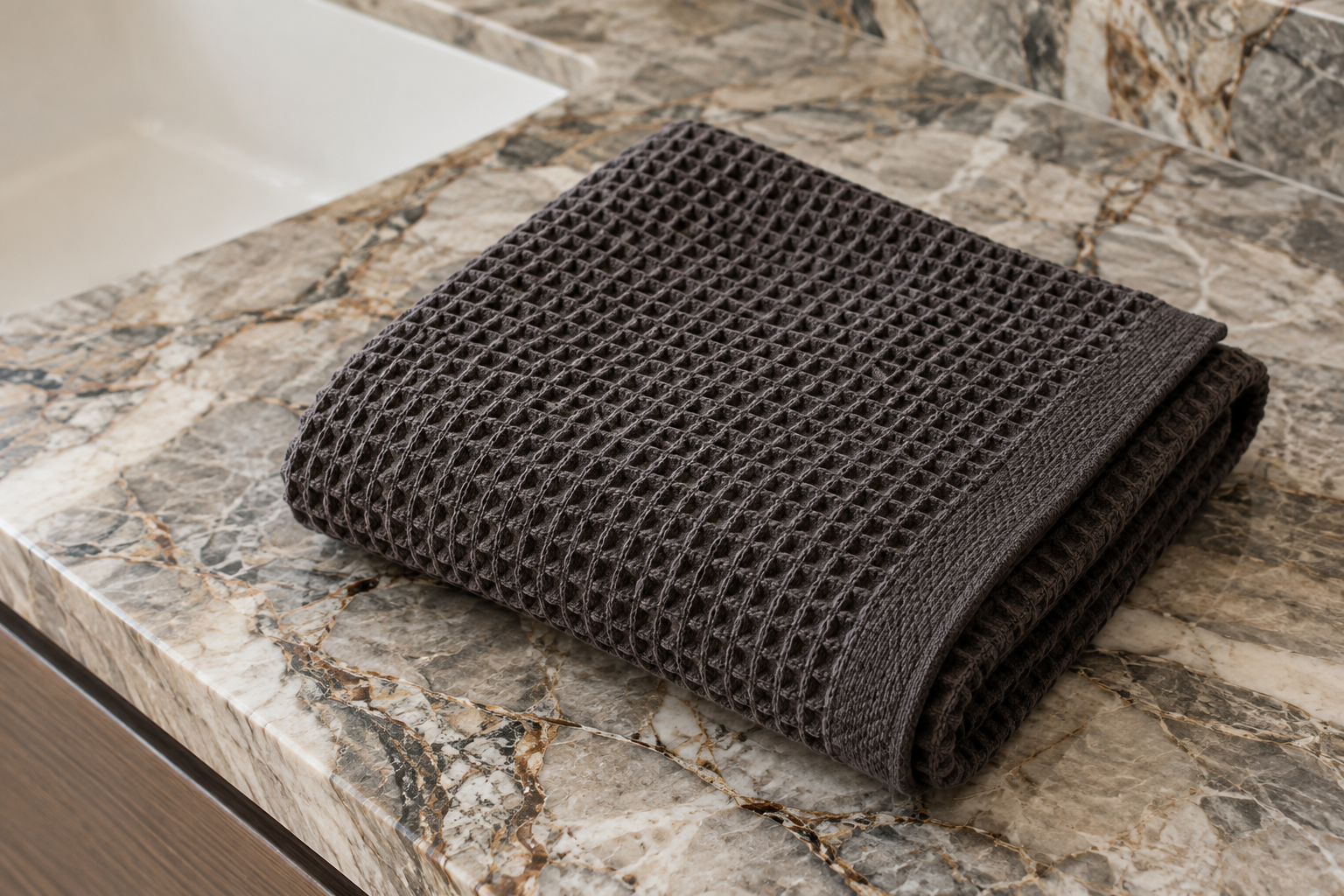 A folded waffle-weave towel in warm charcoal styled on a stone bathroom counter.