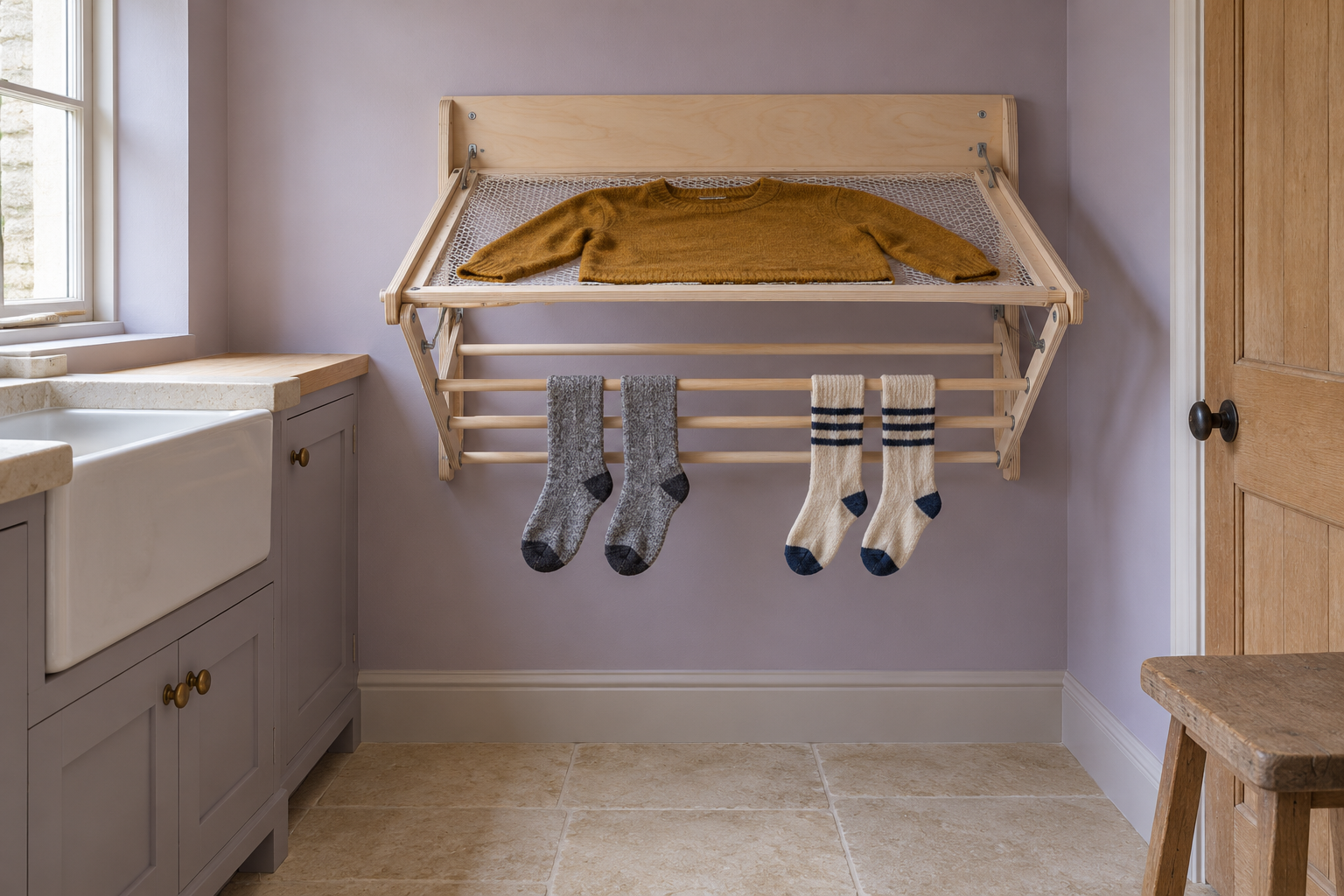 A birch fold-down drying rack open on a lavender wall with a sweater drying flat.