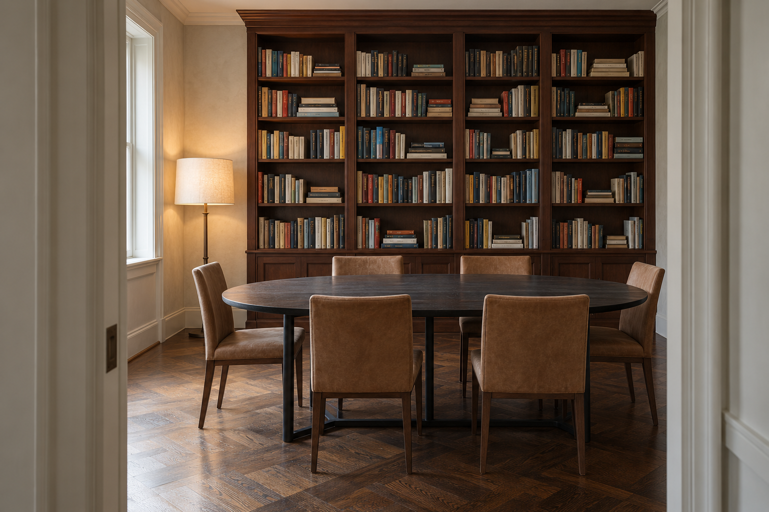 A dining room seen through a doorway, with a wall of mahogany-stained shelves full of books behind an oval black table.