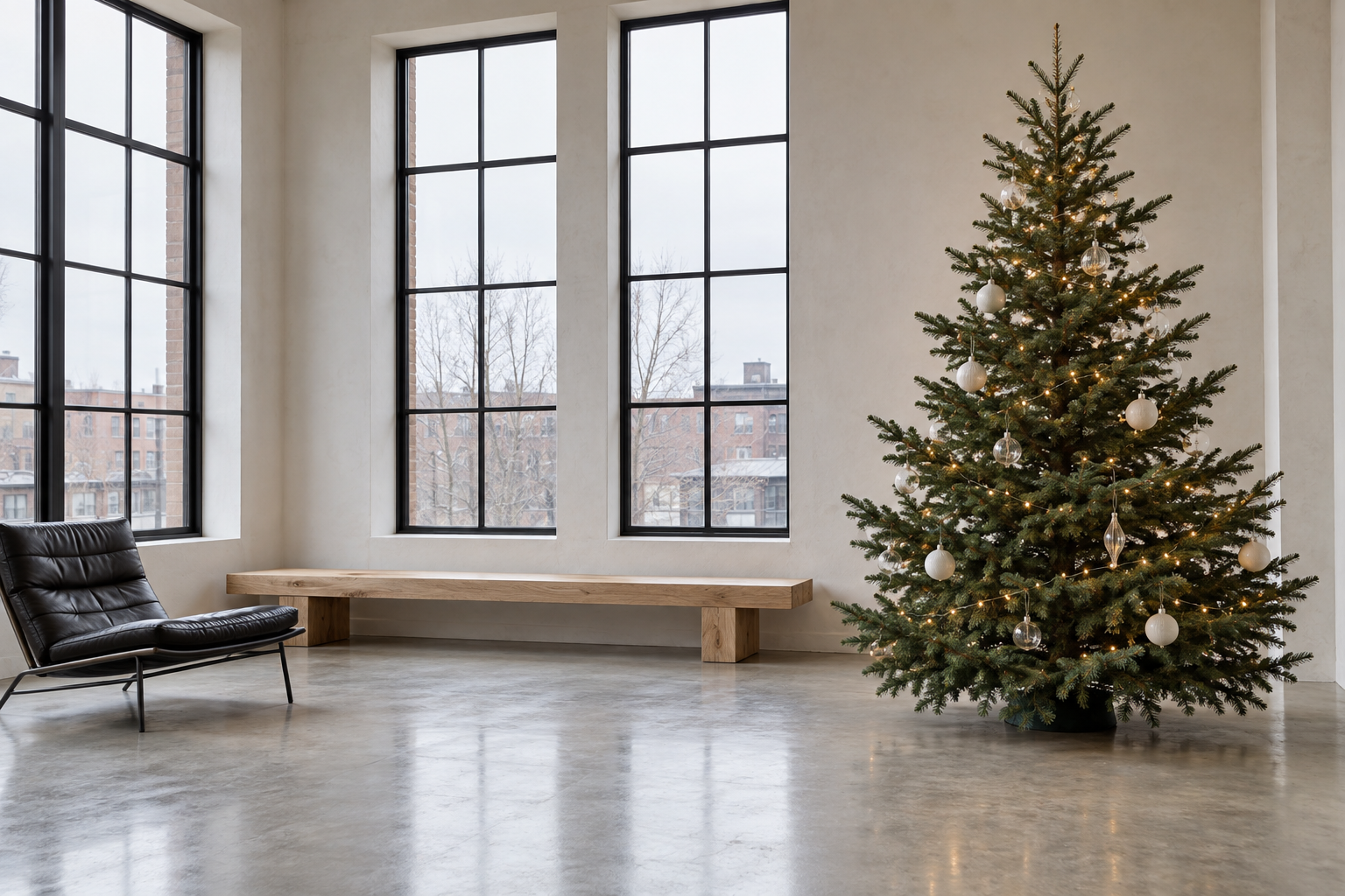 A lightly decorated noble fir with a dozen white ornaments in a loft with a concrete floor and steel windows.