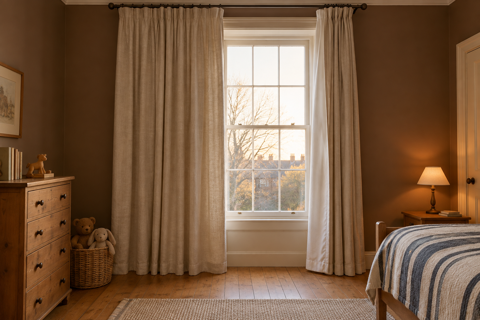 Floor-length cream curtains with blackout lining hung wide and high on a bronze rod against cocoa-brown walls.