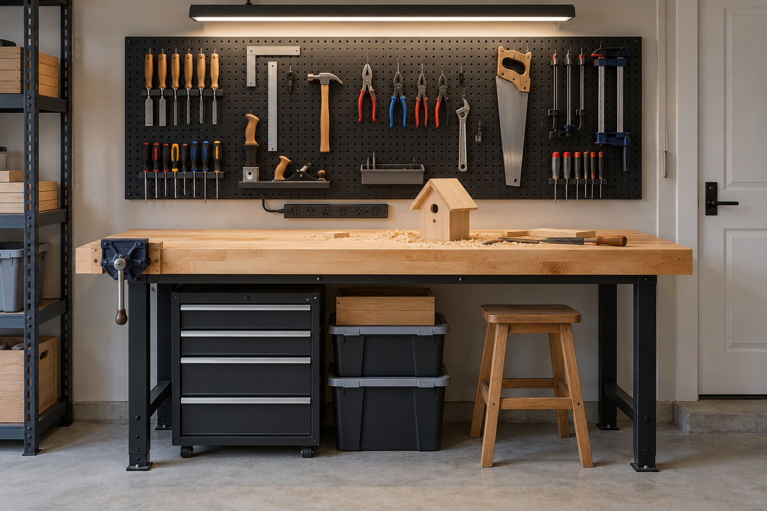 A maple workbench on a garage's short wall with tools on black pegboard and a light directly above.