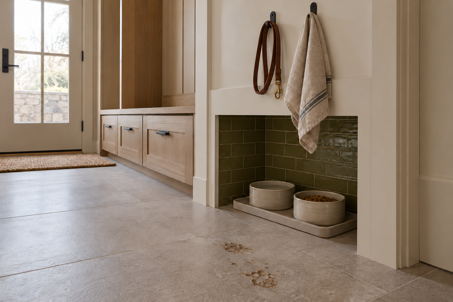 Dog bowls in a low niche lined with olive-green tile, with a leash and towel on hooks above.