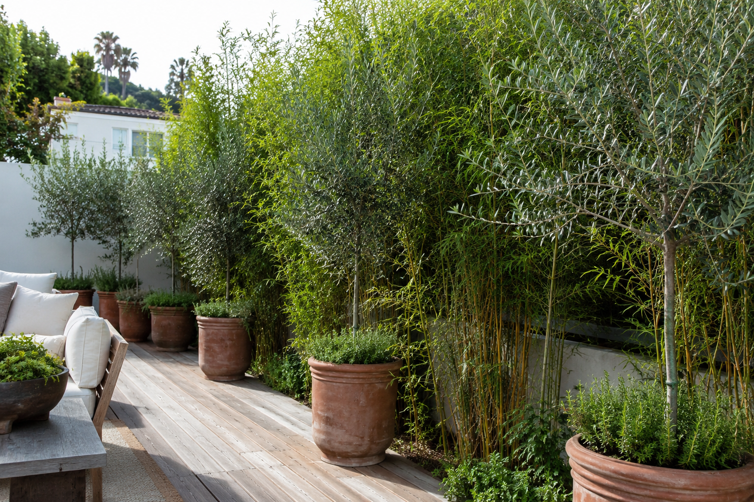 Tall potted olive and bamboo plants screening one edge of a wood-decked patio