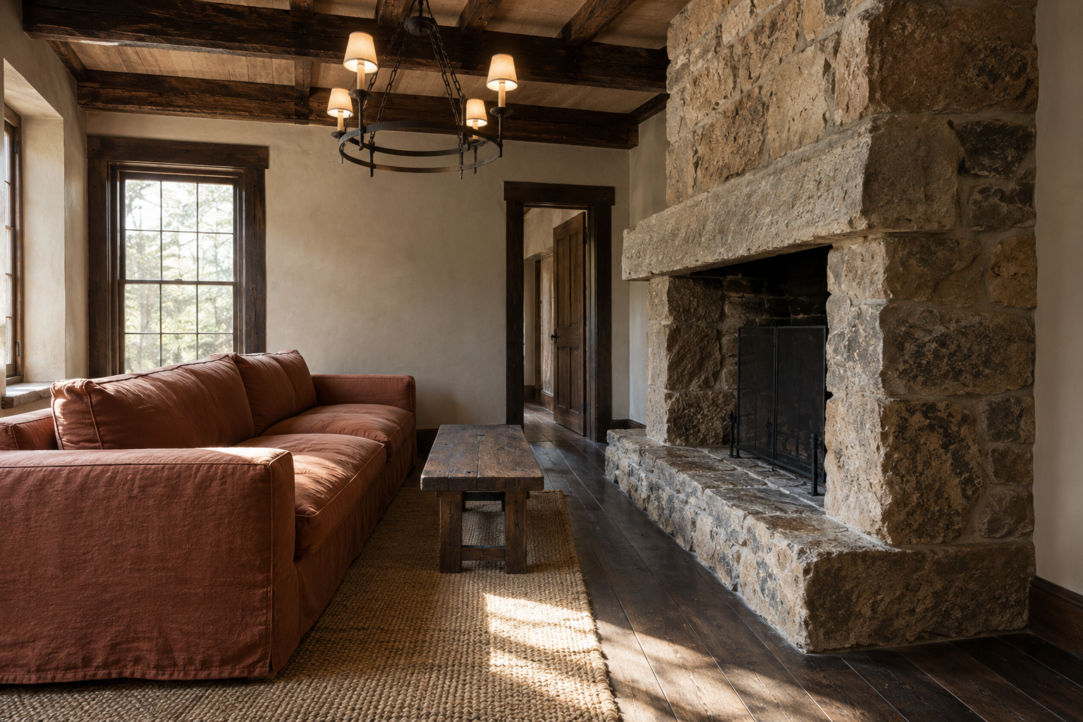 A rustic living room with a heavy clay-toned linen sofa positioned close beside a substantial stone fireplace surround, leaving a narrower walking path on one side.