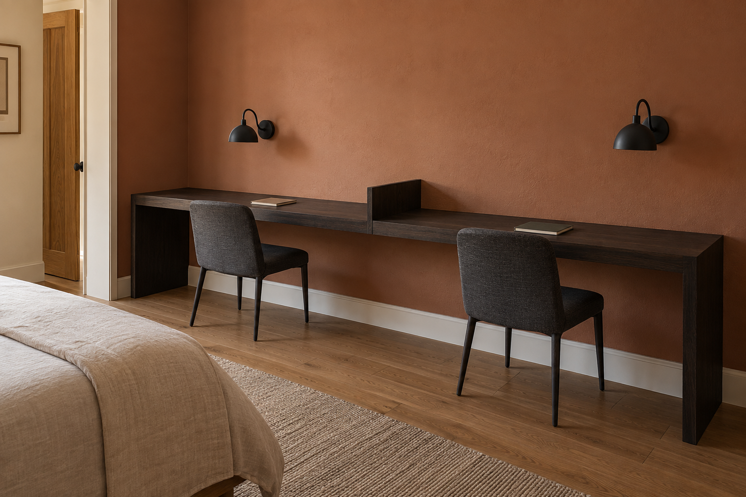 A single long desk with a shallow center divider along a primary bedroom wall, shared by two matching chairs and sconces.