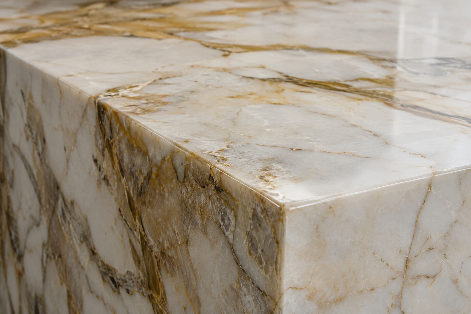 A close detail of a white-and-gold veined marble island edge with real, dramatic stone movement.