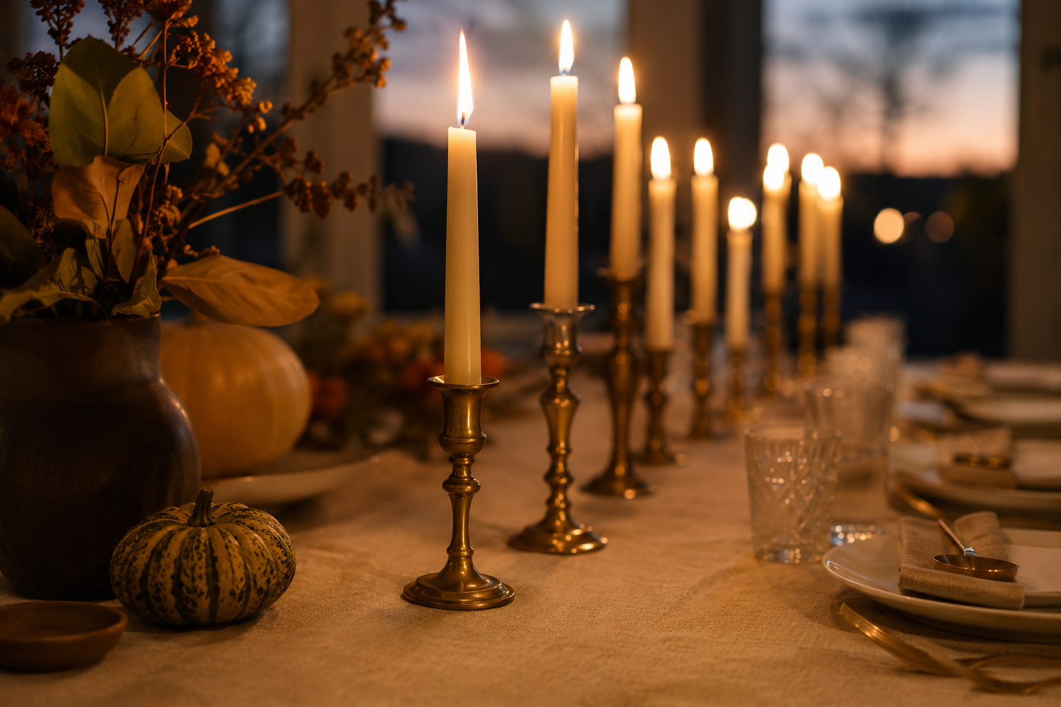 Taper candles lit down the center of a Thanksgiving table at dusk