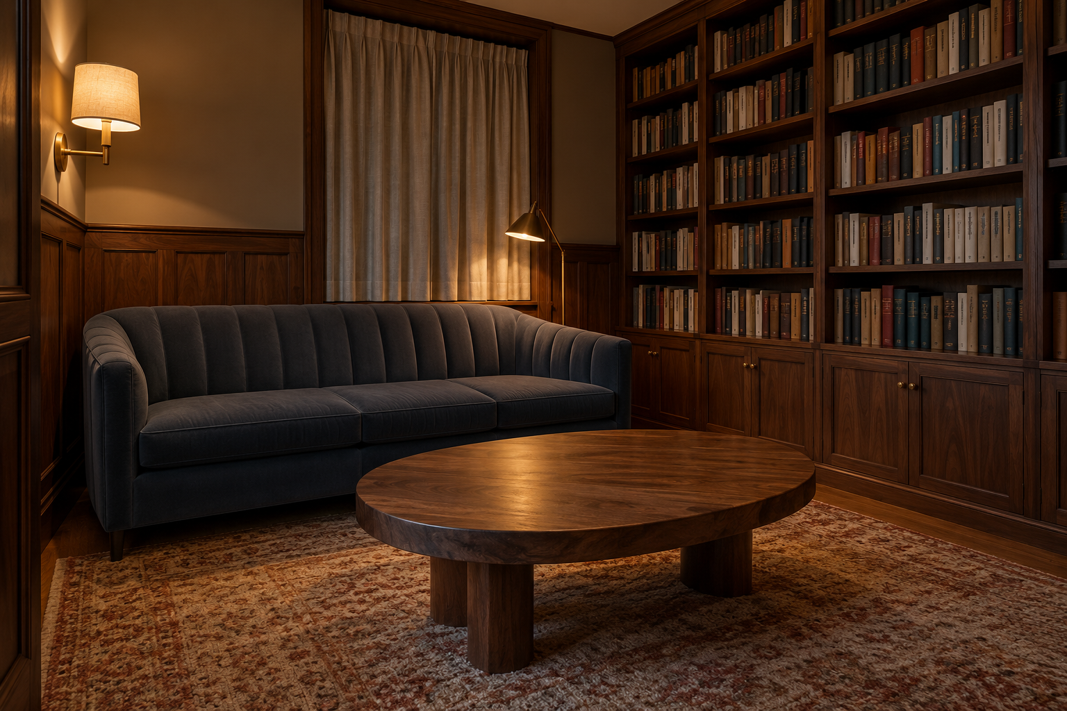 A small walnut-paneled den with a full bookcase, a wool sofa, and a thick rug.