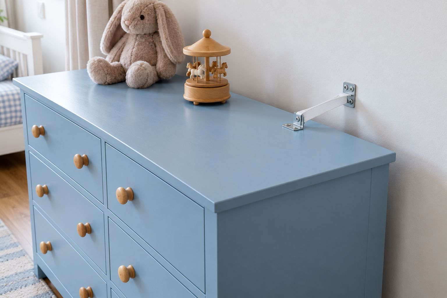 A sky-blue dresser anchored to the wall with a strap and brackets at the back of its top.