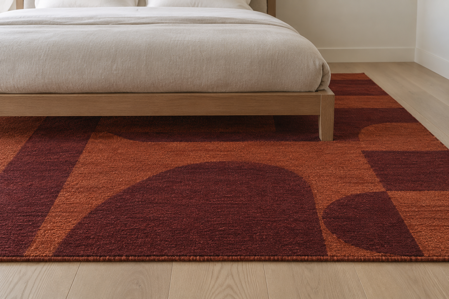 A bold rust and burgundy graphic-pattern wool rug extending under the front third of a plain platform bed, seen close at floor level.