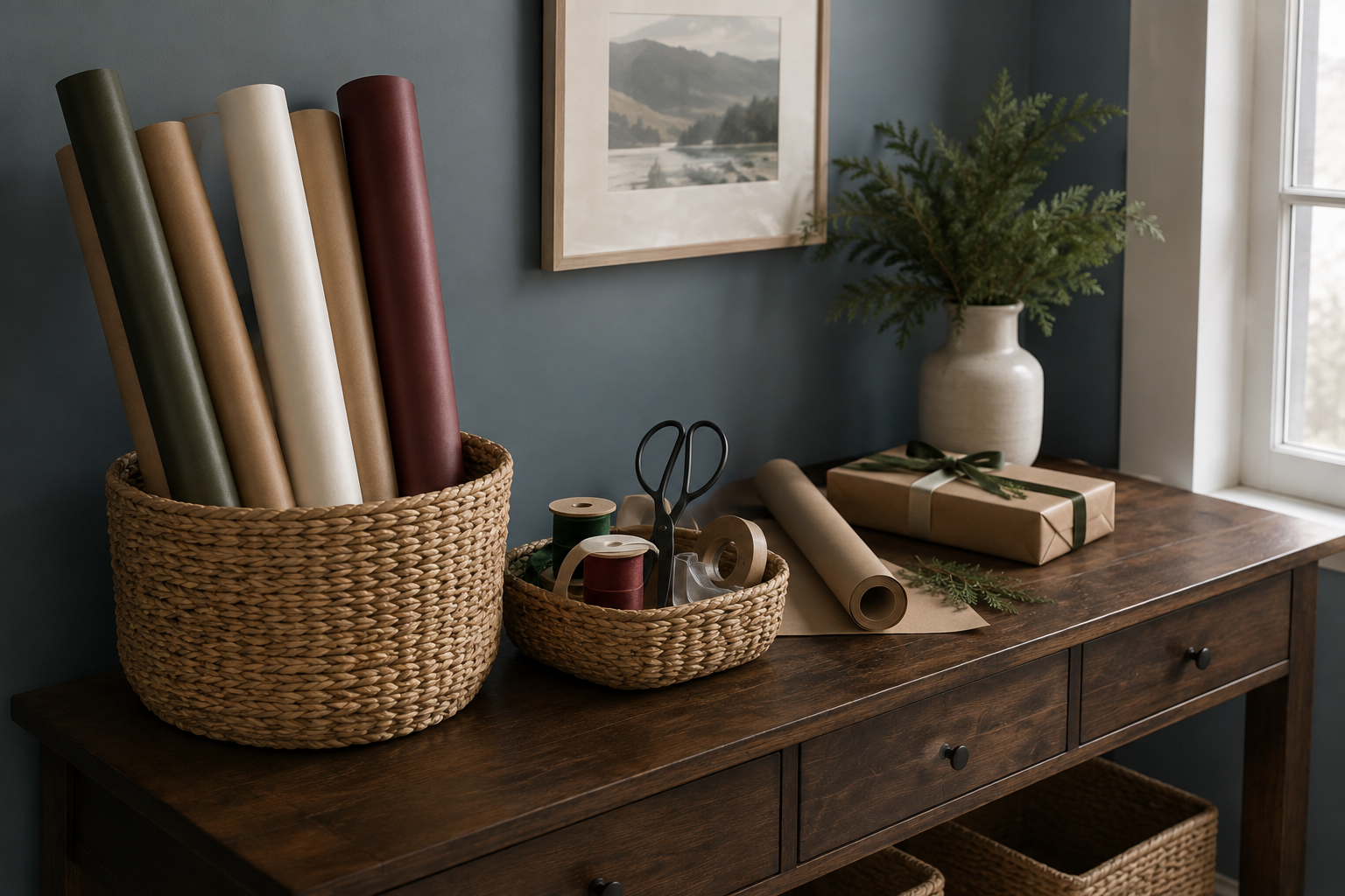A gift-wrapping station with paper rolls in a basket and ribbon spools organized nearby