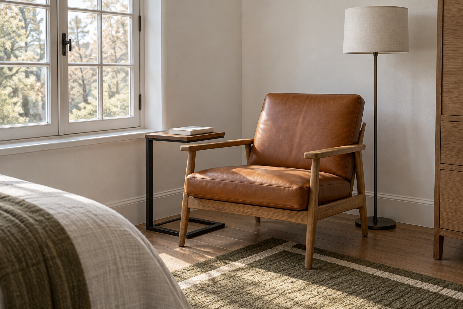 A cognac leather reading chair with a side table and floor lamp in the corner of a guest room.