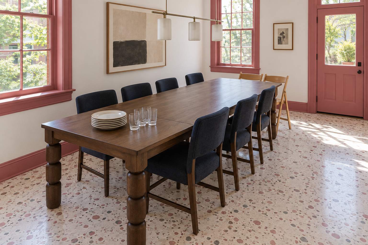 A smoked oak dining table extended with its leaves, with two folding chairs added at the end, in a room with pink window frames.