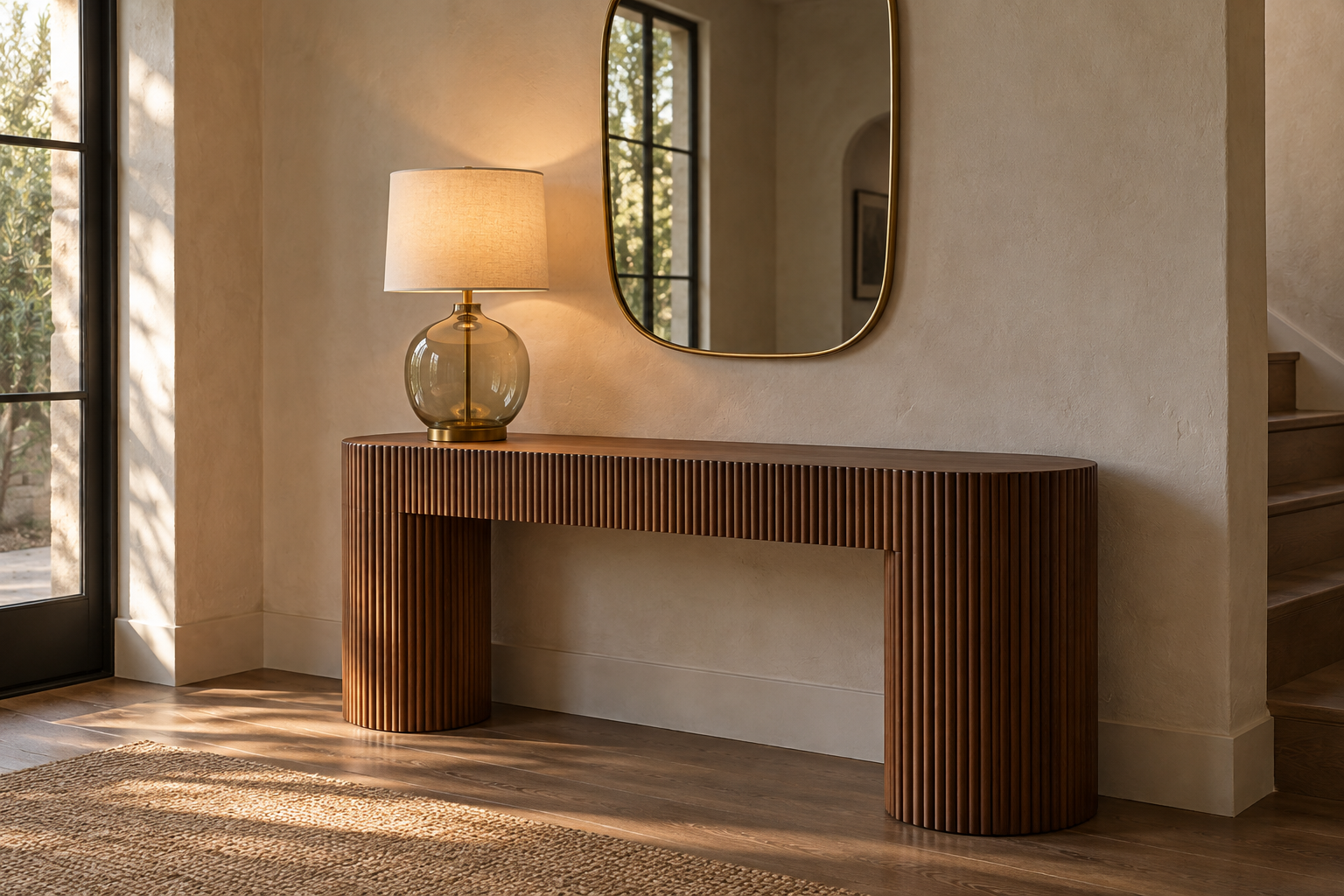 A fluted console table styled with a lit sculptural table lamp and a brass-framed mirror above.