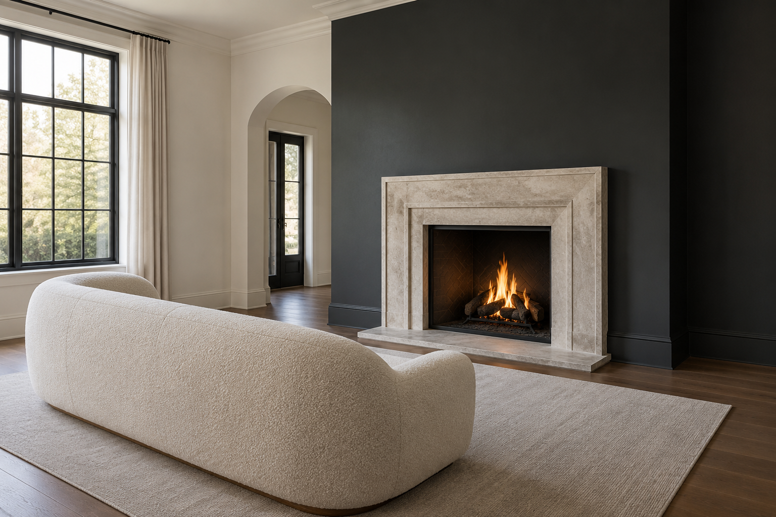 A charcoal-painted fireplace wall in a living room, with a sofa facing it and the stone surround left unpainted.