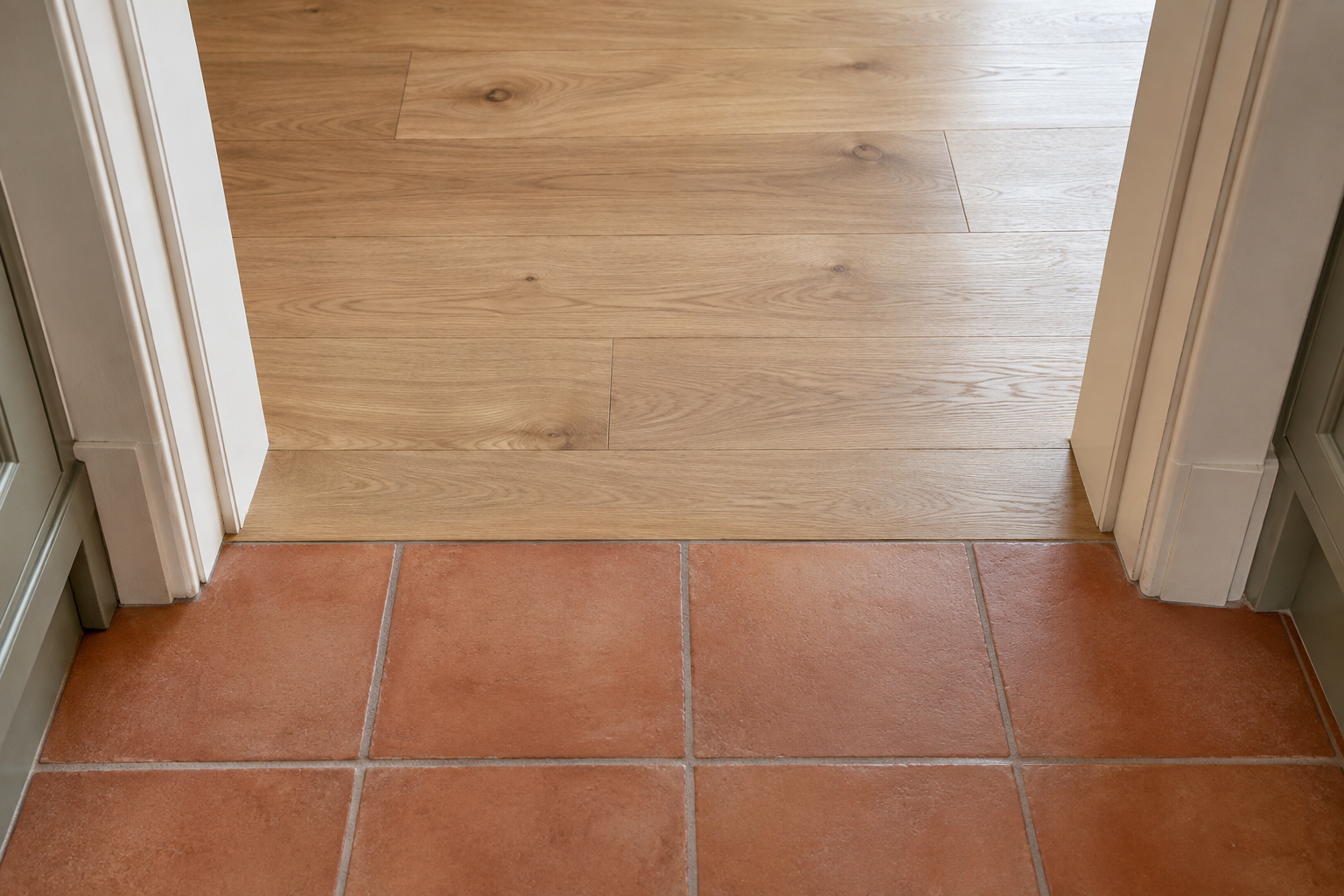 Warm terracotta kitchen tile transitioning to white oak flooring exactly at a doorway threshold.