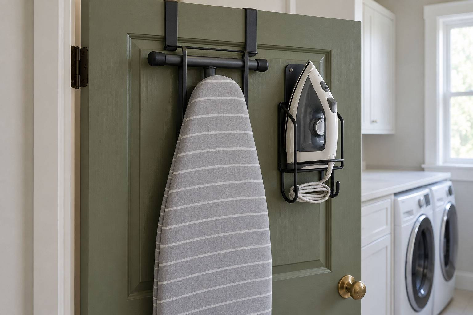 An ironing board and an iron mounted on the back of an olive-green door.