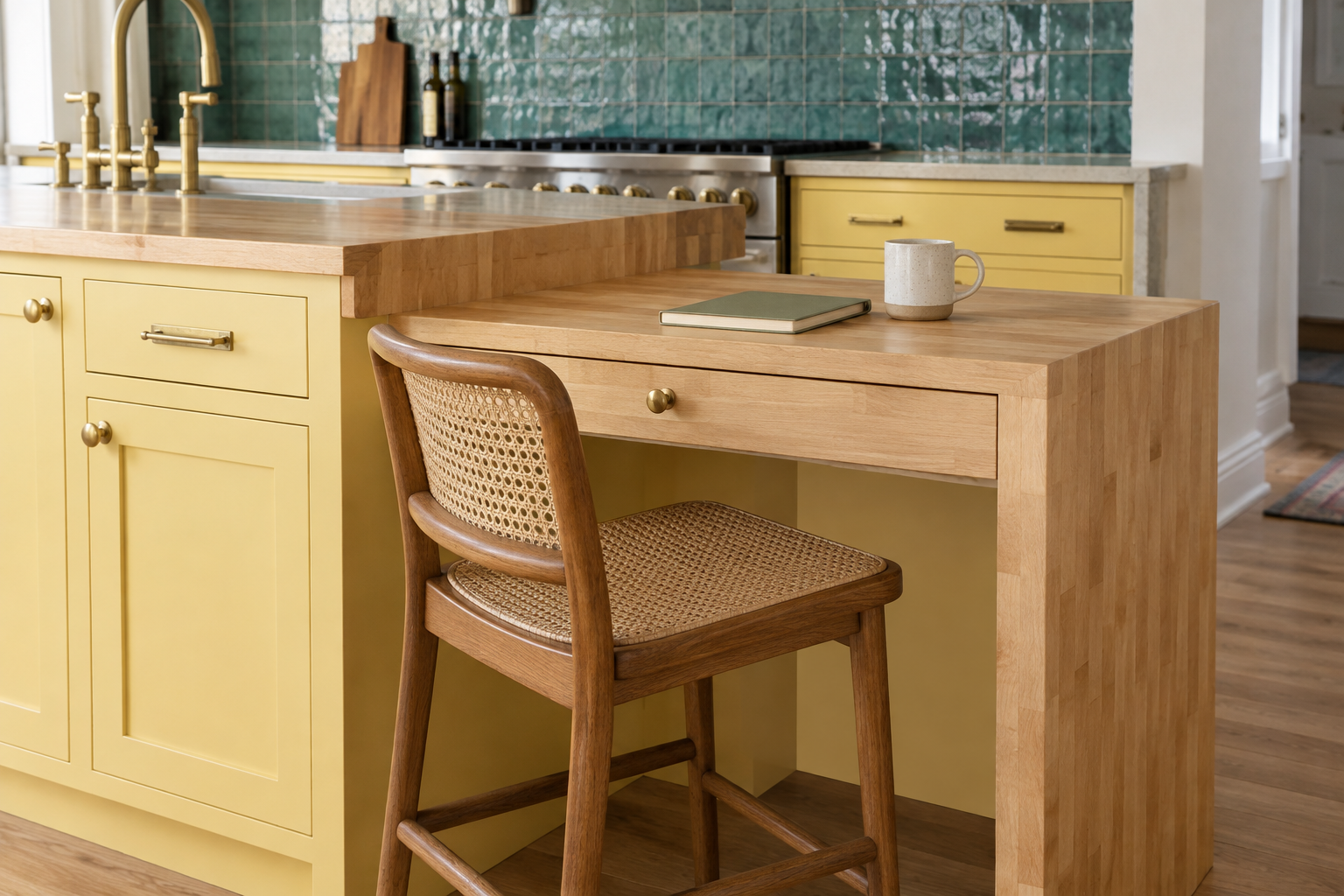 A waterfall-edge maple desk return built into the end of a kitchen island, with butter-yellow cabinetry and glazed teal tile.