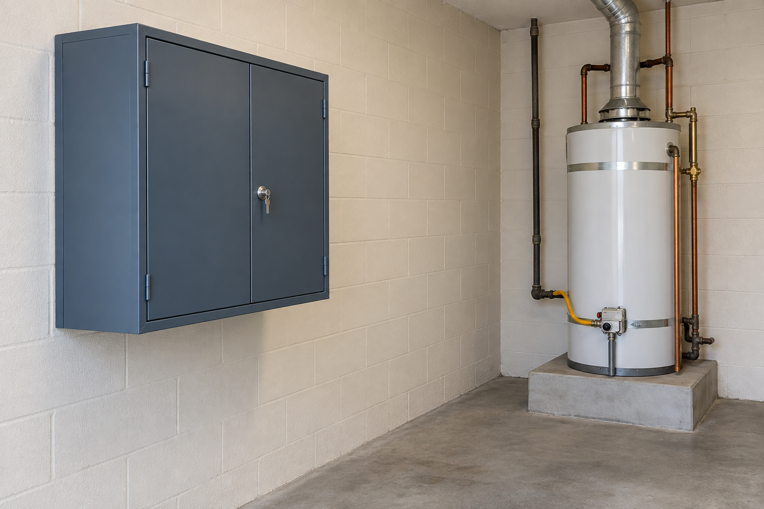 A locked slate-blue steel cabinet high on a garage wall, well away from a gas water heater.