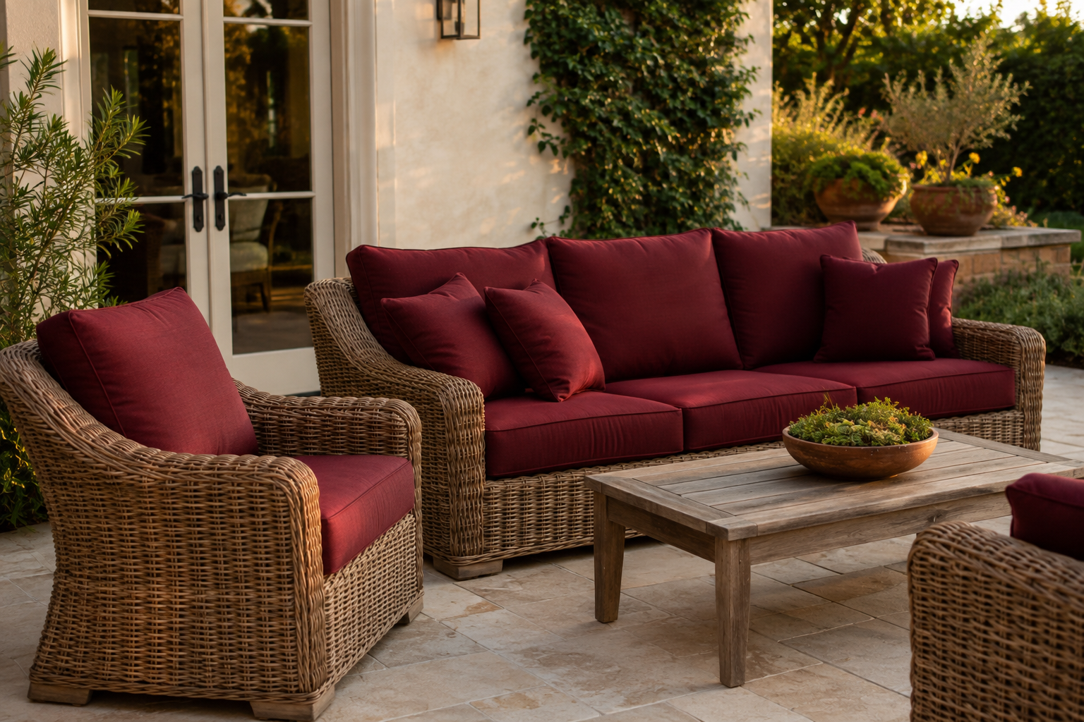Neutral wicker lounge furniture with cushions in a rich oxblood color