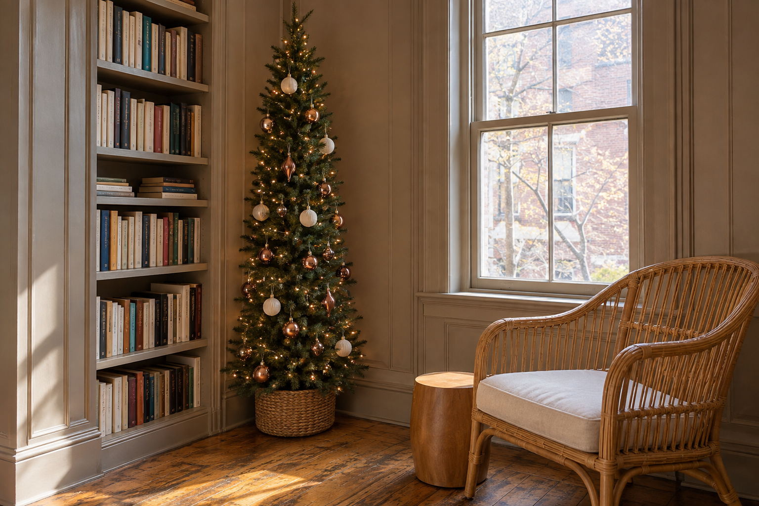 A slim pencil Christmas tree in a small apartment corner between a bookcase and a window.