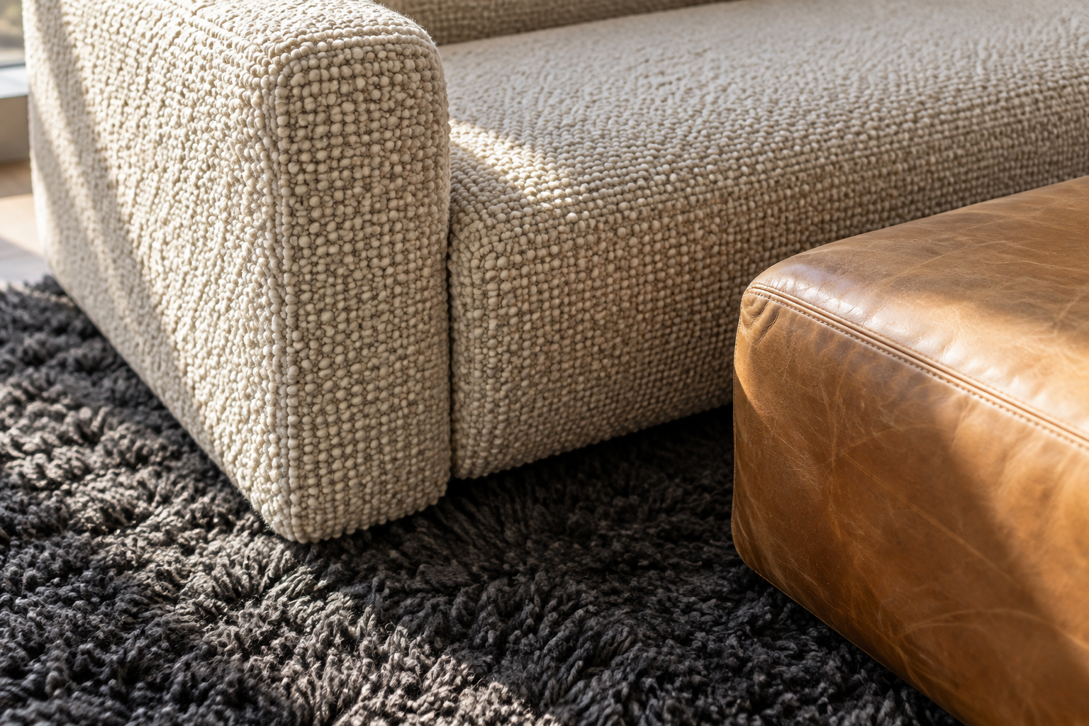 Close view of a looped wool sofa, a high-pile charcoal rug, and a tan leather ottoman.