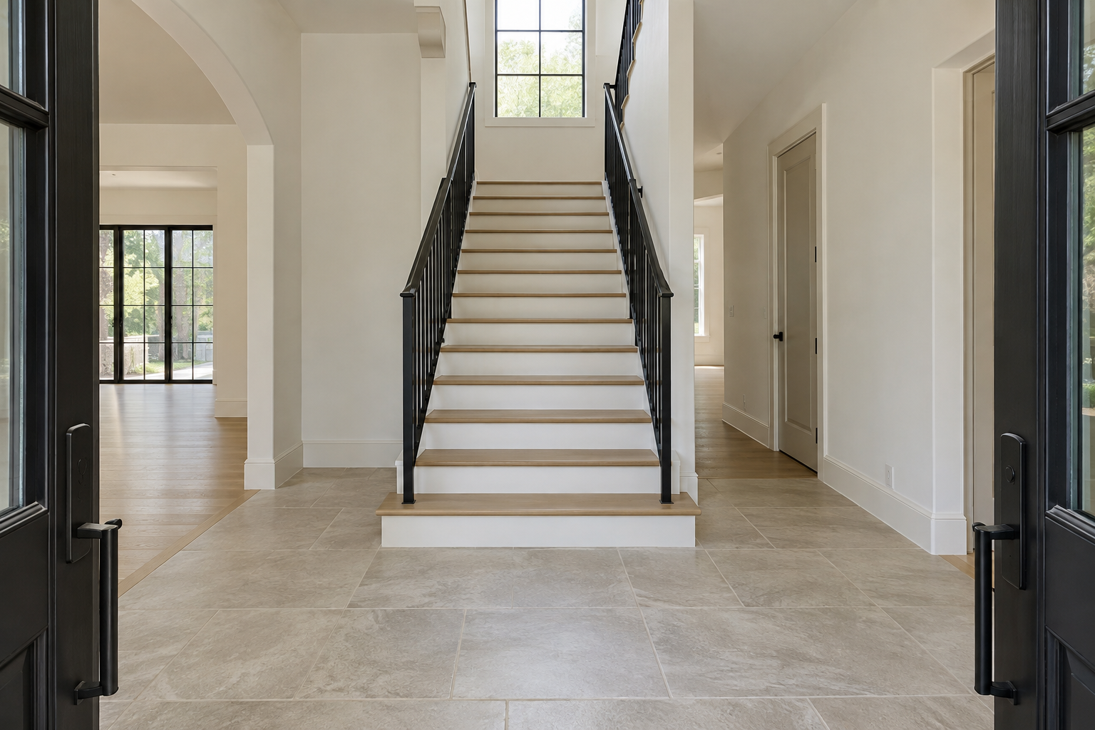 A staircase visible directly from the front door, functioning as an entryway's architectural focal point with no furniture in the way.